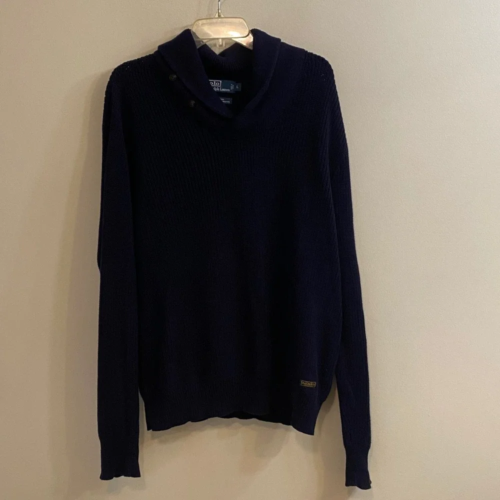 Polo Ralph Lauren Shawl Collar Sweater Mens L Blue Ribbed Knit Button Pullover